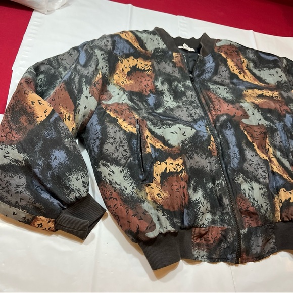Carol Horn black SILK Bomber ZIP JACKET 90s Tan Gray Blue brown ART to wear LRG - Picture 15 of 16